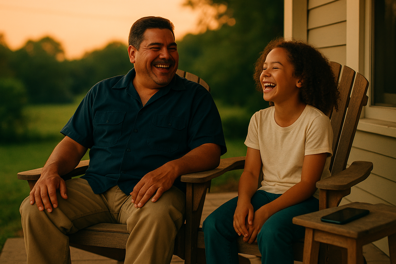 An Atlanta service business owner relaxing with his daughter on the porch while AI handles his front desk in the background.
